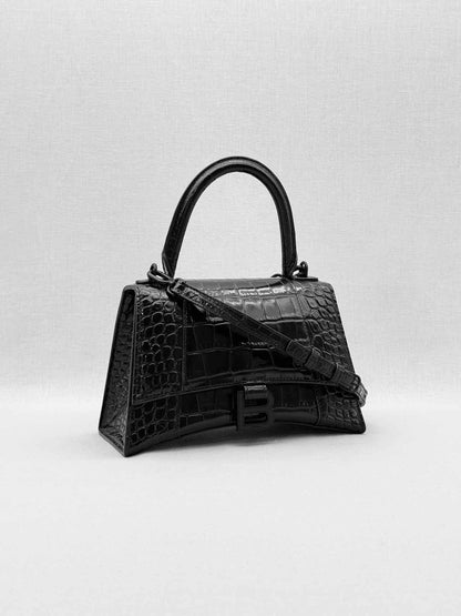 BALENCIAGA Hourglass Black Croc Embossed Top Handle