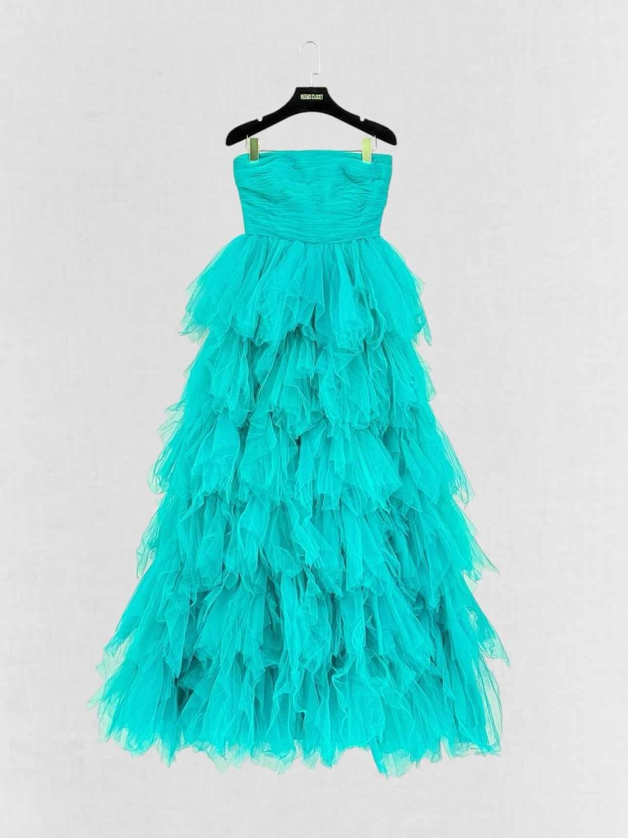 Pre - loved ADOLFO DOMINGUES Turquoise Size XSmall Long Dress at Reems Closet