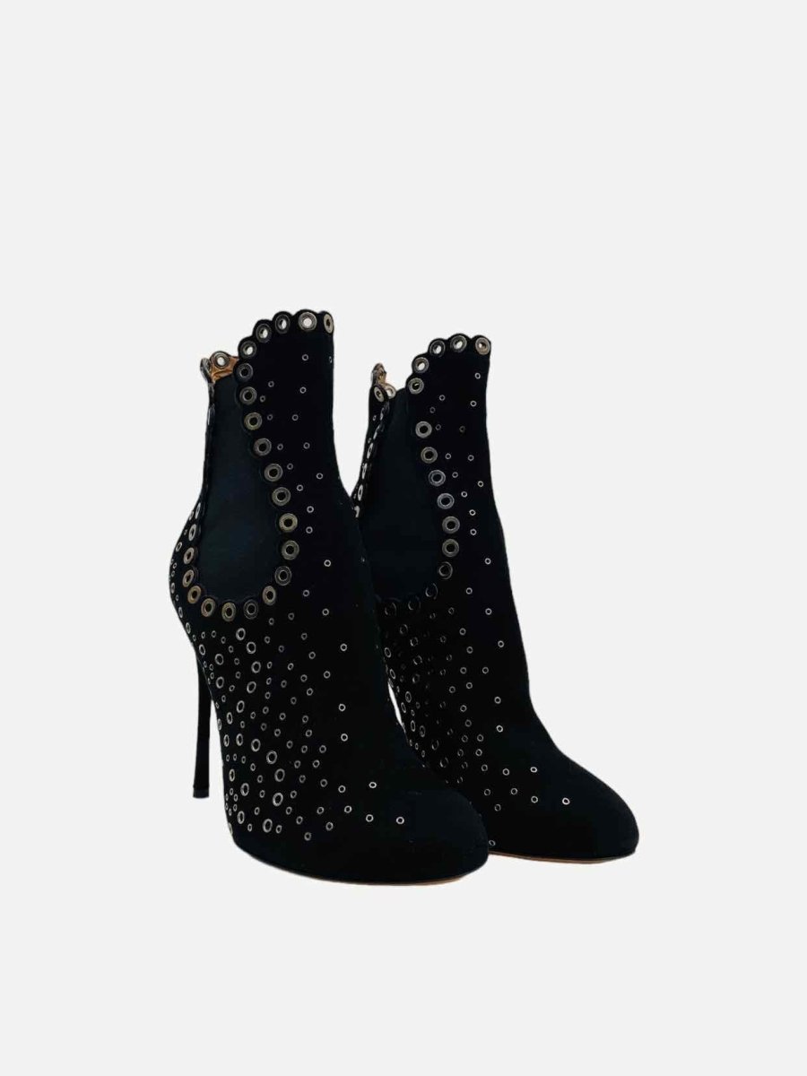 Pre - loved ALAIA Black Grommet Embellished Ankle Boots at Reems Closet