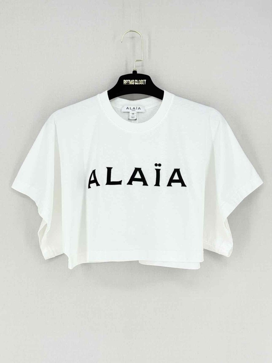 Pre - loved ALAIA Cropped White Logo Print Size US 2 T-shirt at Reems Closet