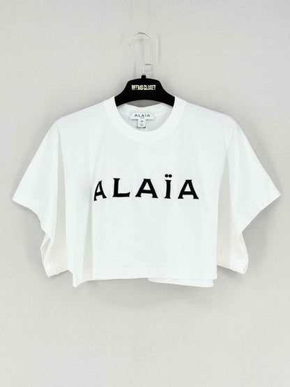 Pre - loved ALAIA Cropped White Logo Print Size US 2 T-shirt at Reems Closet