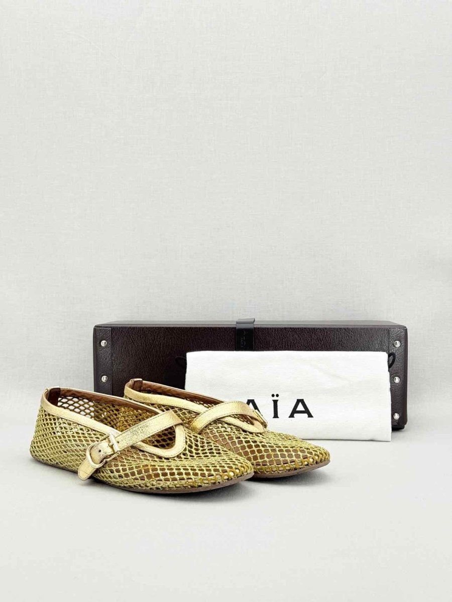 Pre - loved ALAIA Fishnet Gold Size EU 38 Ballet Flats at Reems Closet