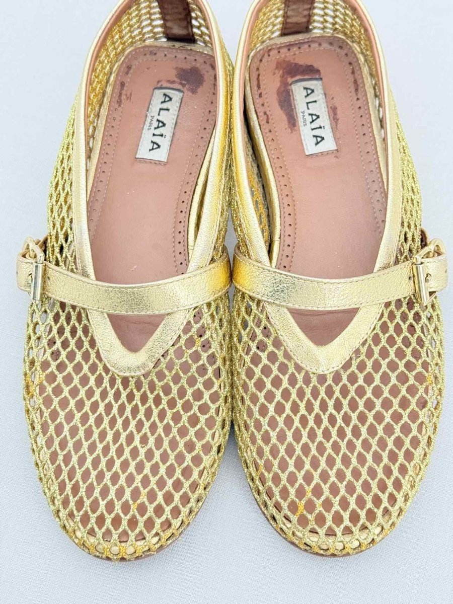 Pre - loved ALAIA Fishnet Gold Size EU 38 Ballet Flats at Reems Closet