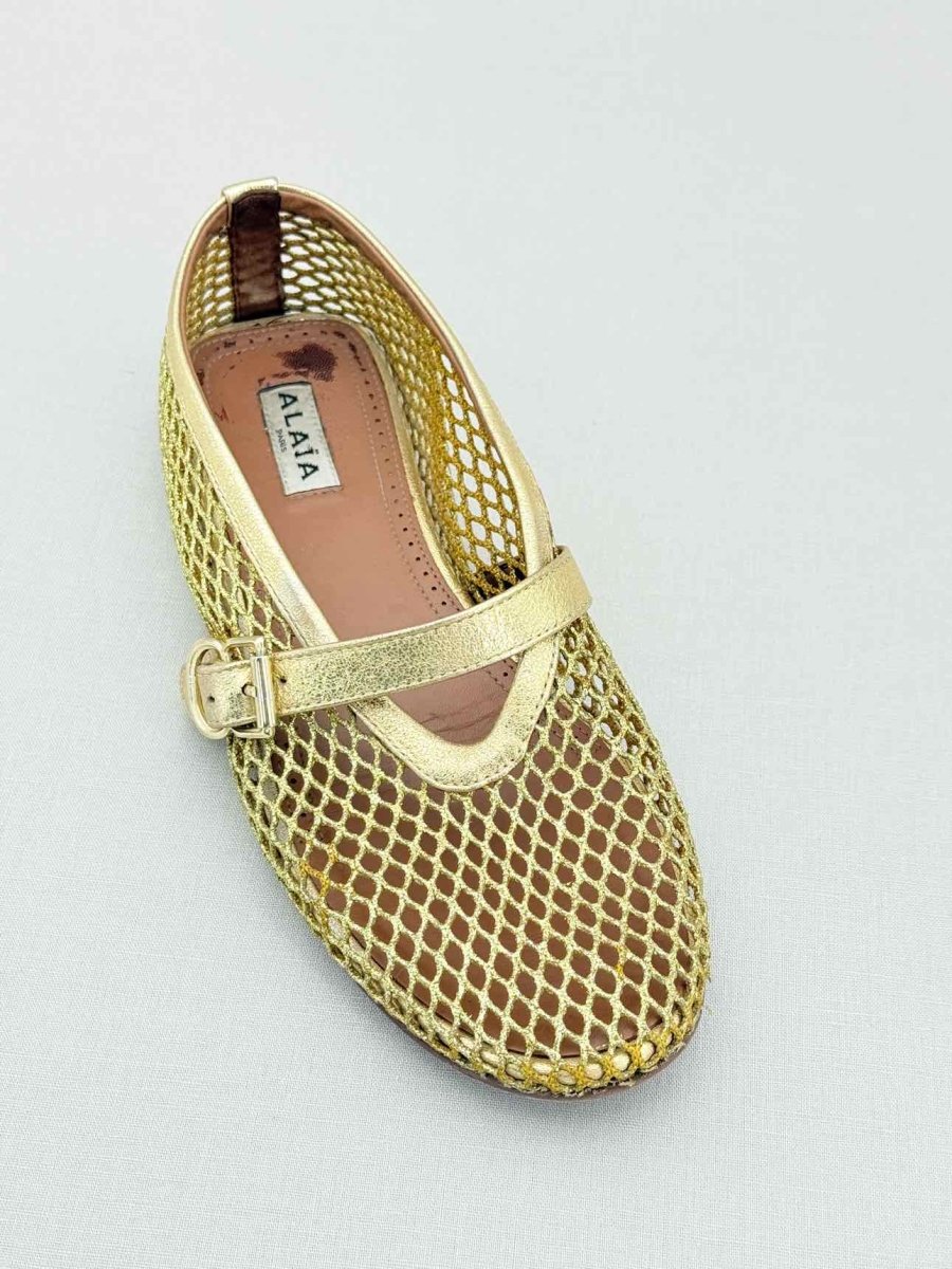 Pre - loved ALAIA Fishnet Gold Size EU 38 Ballet Flats at Reems Closet