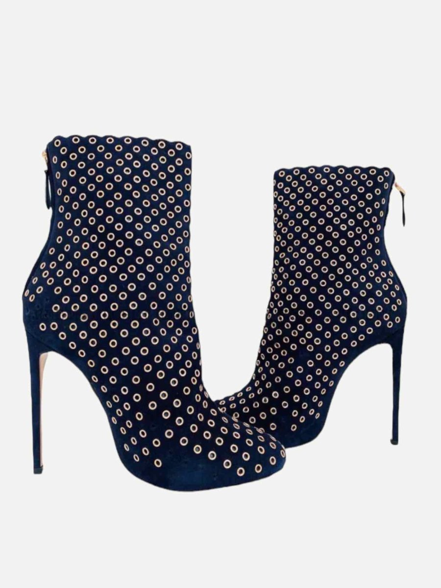 Pre - loved ALAIA Metal Eyelet Navy Blue Ankle Boots 41 at Reems Closet