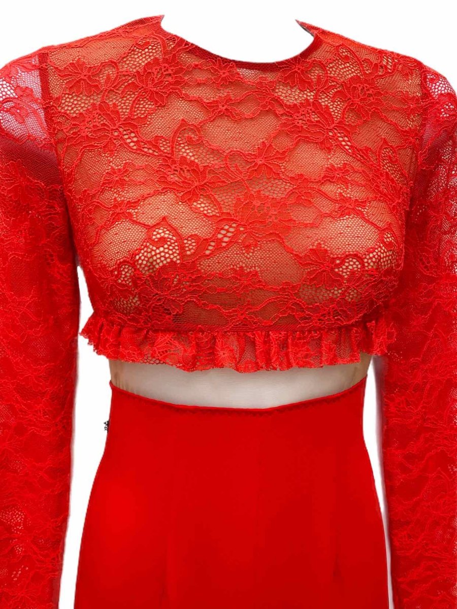 Pre - loved ALESSANDRA RICH Lace Top Red Evening Dress at Reems Closet