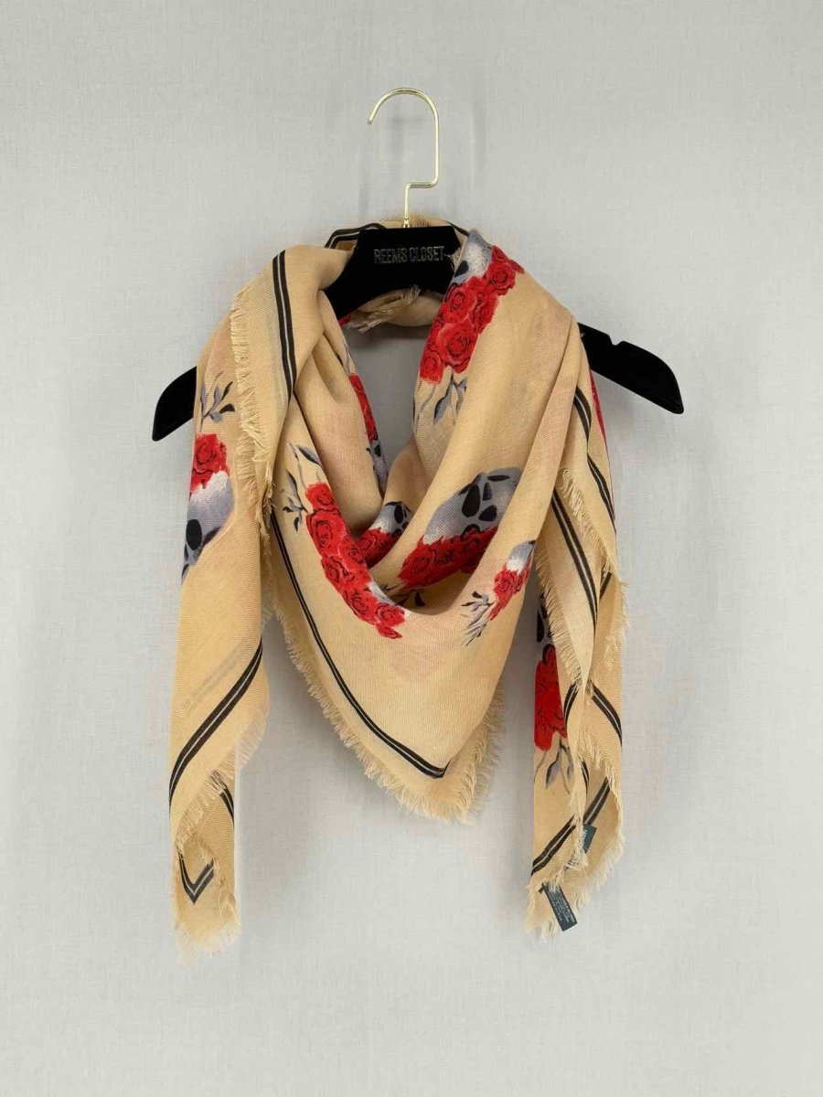 Pre - loved ALEXANDER MCQUEEN Beige & Red Printed Scarf at Reems Closet