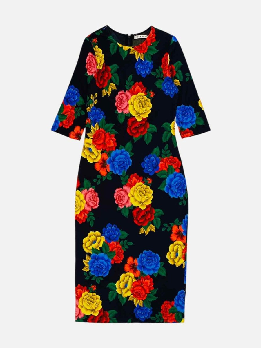 Pre - loved ALICE + OLIVIA Black Multicolor Floral Midi Dress US10 at Reems Closet