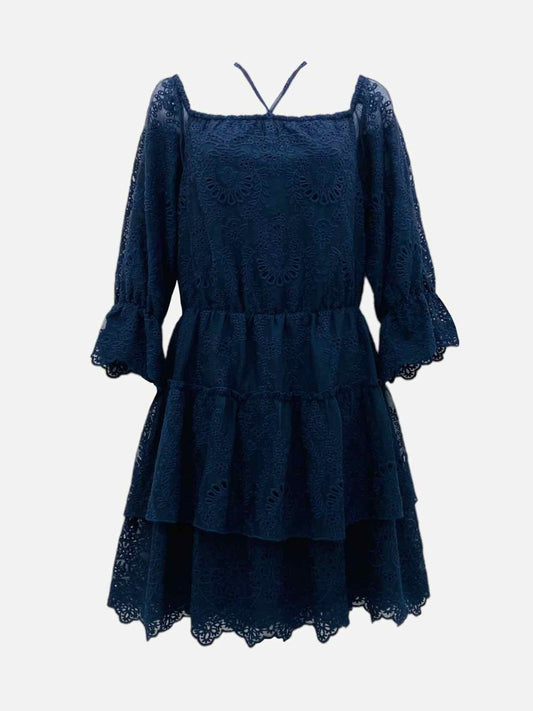 Pre - loved ALICE + OLIVIA Tiered Navy Blue Embroidered Mini Dress at Reems Closet