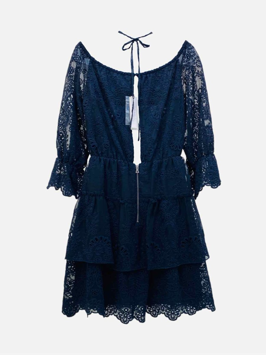 Pre - loved ALICE + OLIVIA Tiered Navy Blue Embroidered Mini Dress at Reems Closet