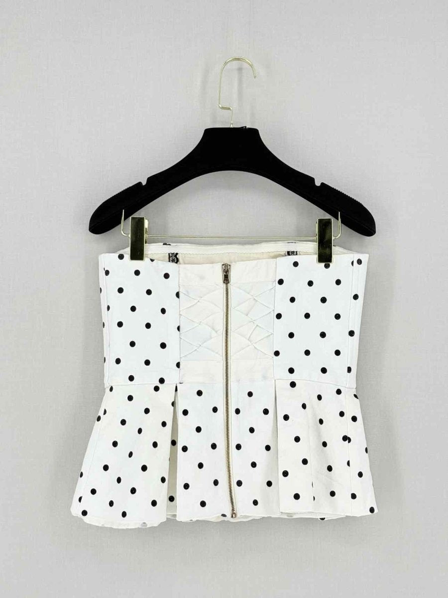 Pre - loved ALICE + OLIVIA White Polka Dot Size Small Top at Reems Closet