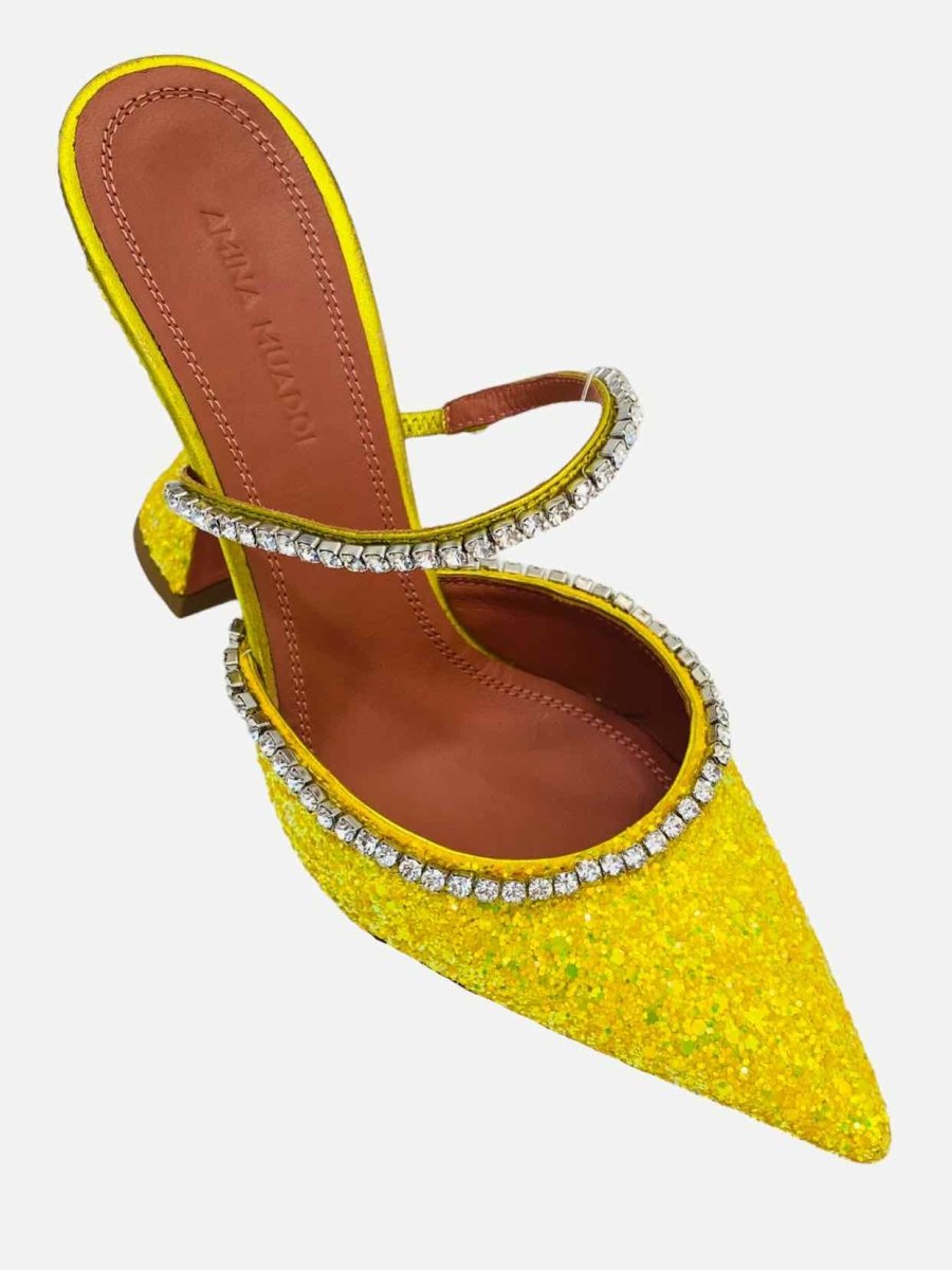 Pre - loved AMINA MUADDI Glitter Yellow Heeled Sandals at Reems Closet