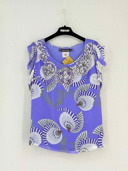 Pre-loved ANTIK BATIK Purple & Beige Printed Size XSmall Top at Reems Closet