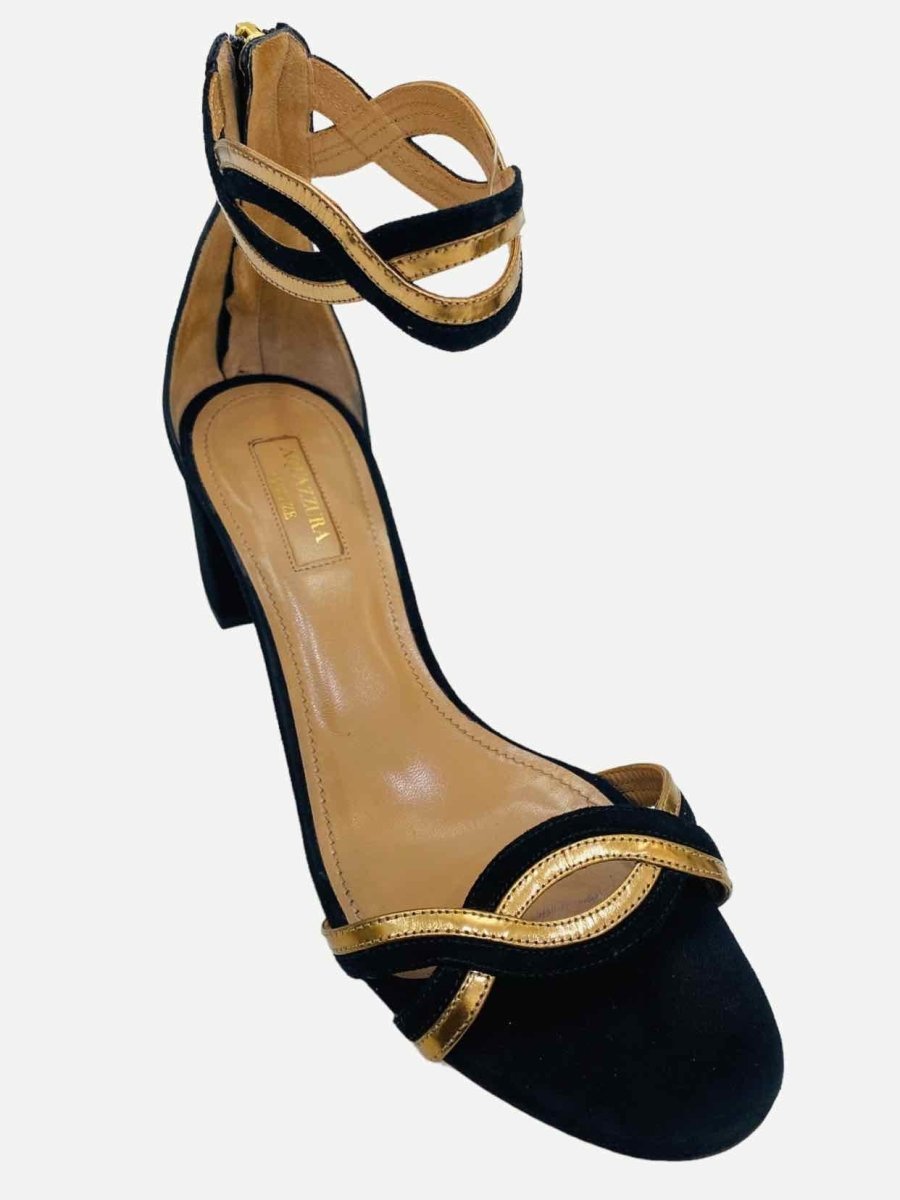 Pre - loved AQUAZZURA Ankle Strap Black & Gold Heeled Sandals at Reems Closet