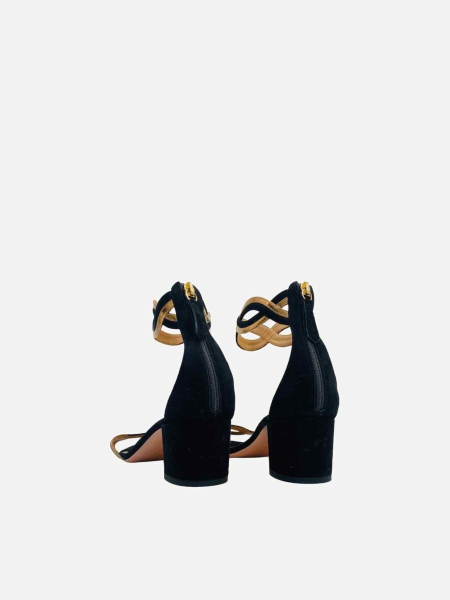 Pre - loved AQUAZZURA Ankle Strap Black & Gold Heeled Sandals at Reems Closet