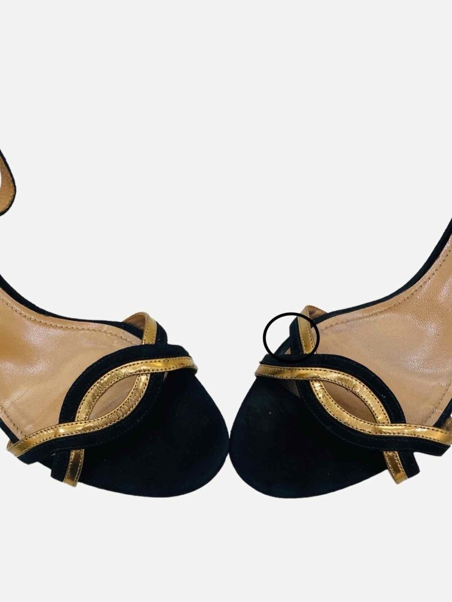 Pre - loved AQUAZZURA Ankle Strap Black & Gold Heeled Sandals at Reems Closet