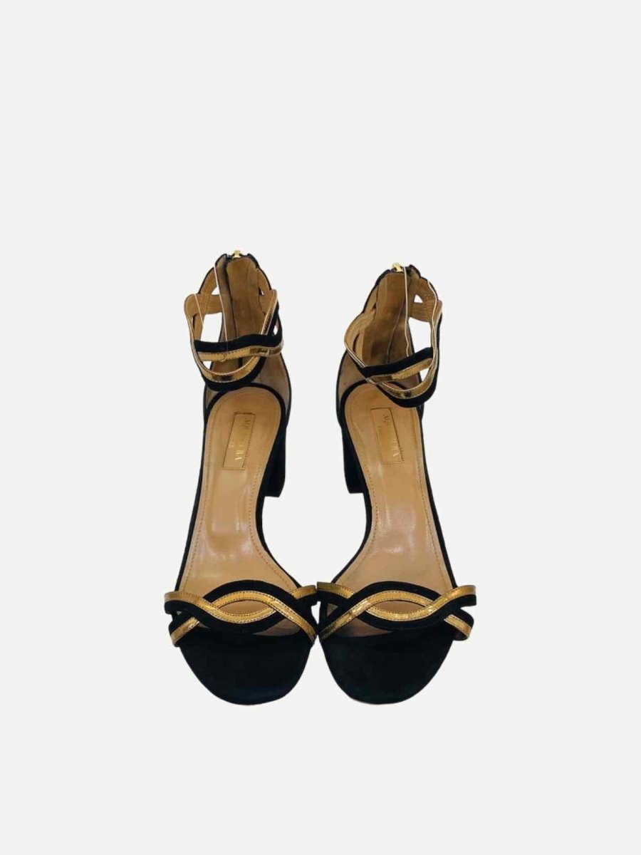 Pre - loved AQUAZZURA Ankle Strap Black & Gold Heeled Sandals at Reems Closet