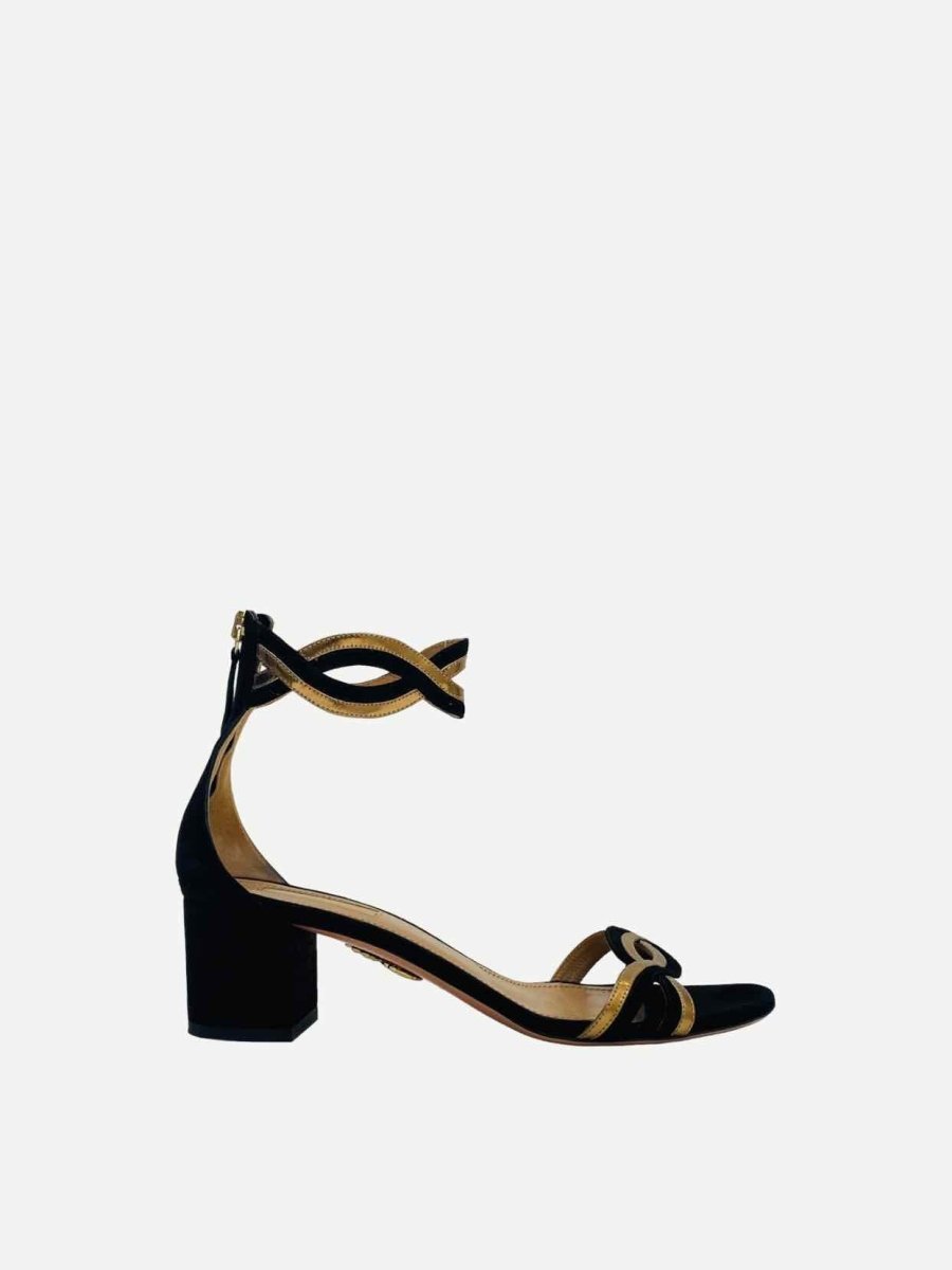 Pre - loved AQUAZZURA Ankle Strap Black & Gold Heeled Sandals at Reems Closet