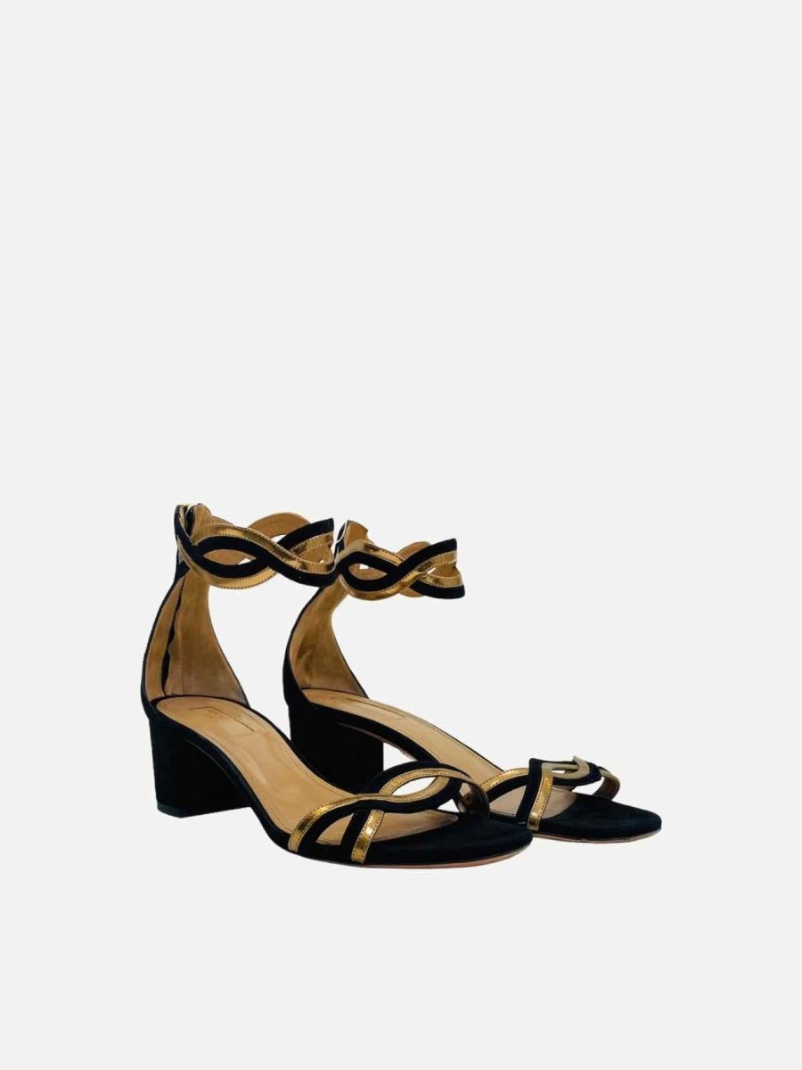 Pre - loved AQUAZZURA Ankle Strap Black & Gold Heeled Sandals at Reems Closet