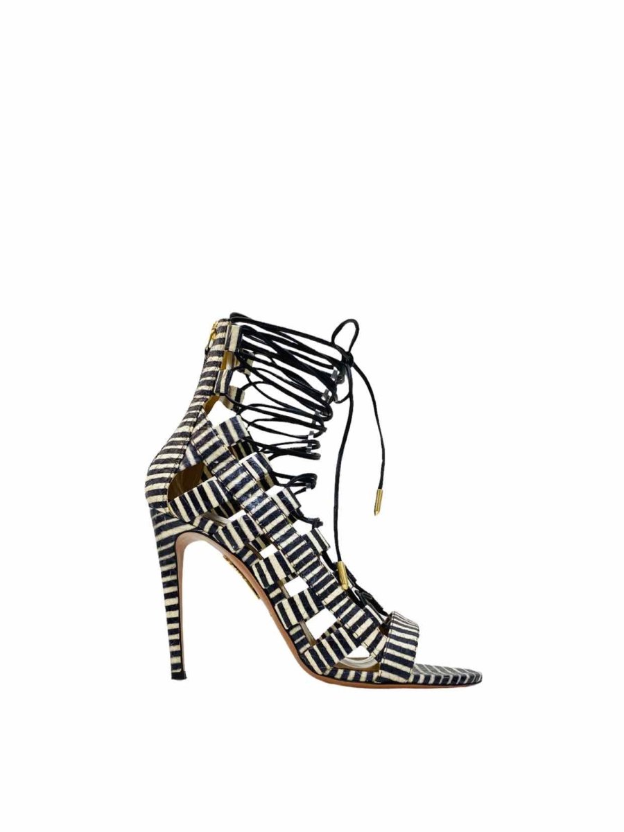 Pre - loved AQUAZZURA Lace Up Black & White Striped Heeled Sandals at Reems Closet