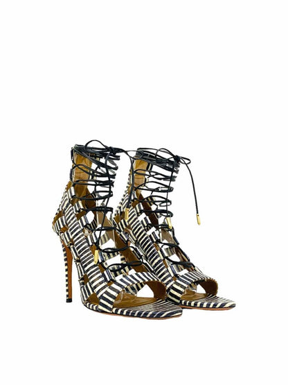 Pre - loved AQUAZZURA Lace Up Black & White Striped Heeled Sandals at Reems Closet