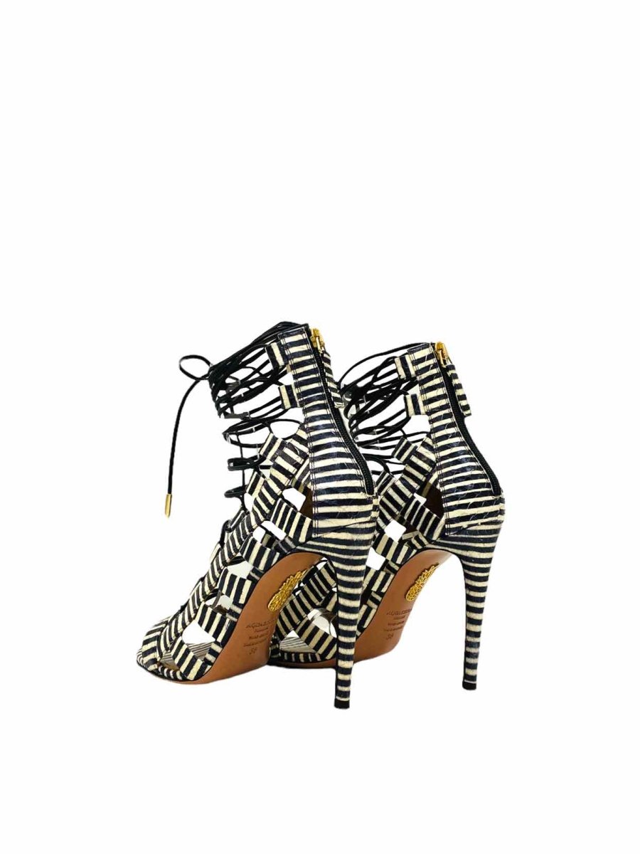 Pre - loved AQUAZZURA Lace Up Black & White Striped Heeled Sandals at Reems Closet