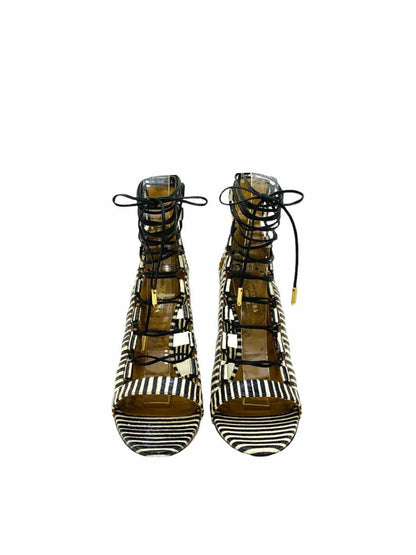 Pre - loved AQUAZZURA Lace Up Black & White Striped Heeled Sandals at Reems Closet