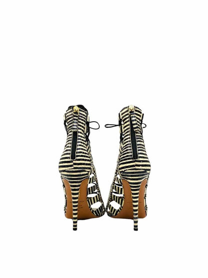 Pre - loved AQUAZZURA Lace Up Black & White Striped Heeled Sandals at Reems Closet