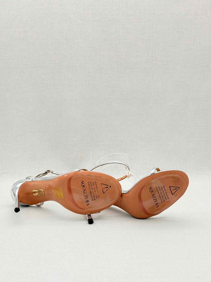 Pre-loved AQUAZZURA Metallic Silver Size EU 37 Heeled Sandals at Reems Closet