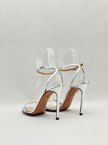 Pre-loved AQUAZZURA Metallic Silver Size EU 37 Heeled Sandals at Reems Closet