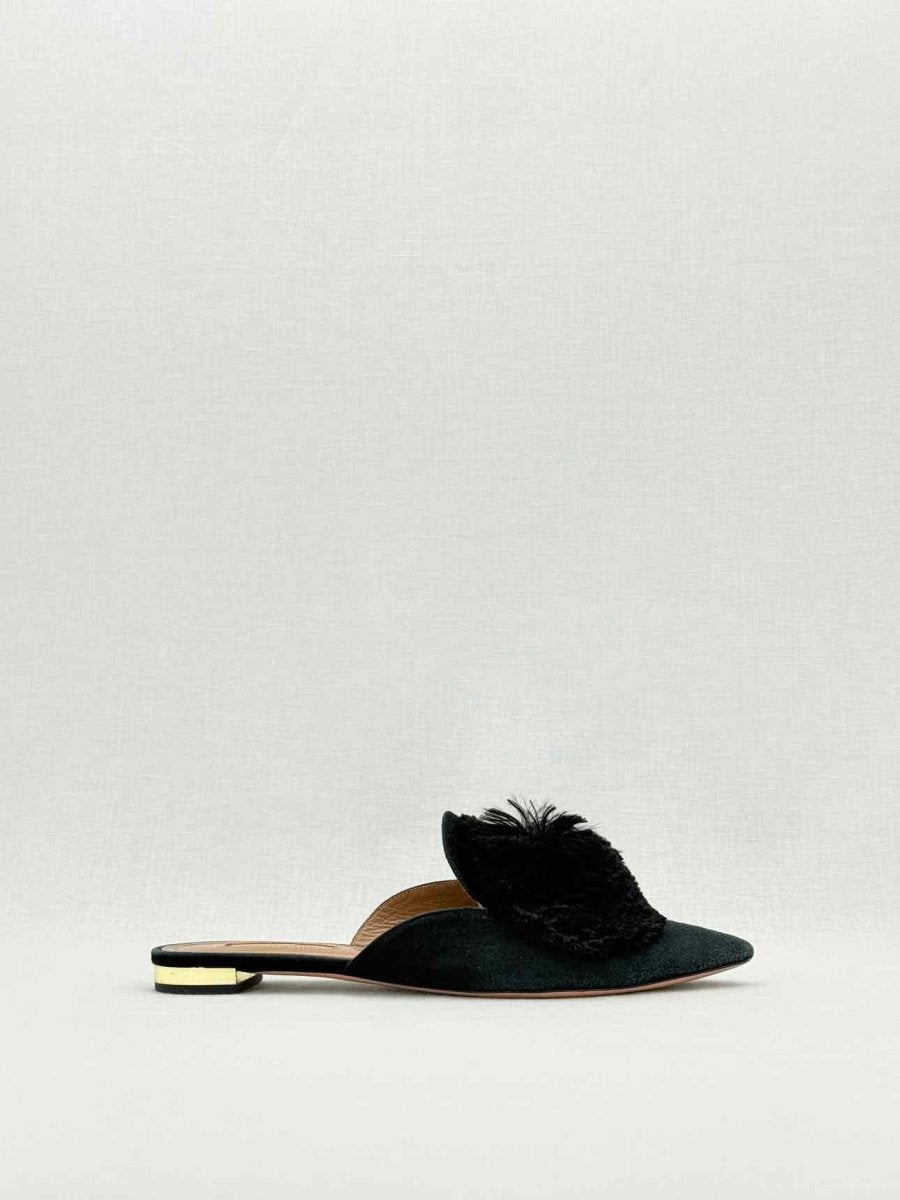 Pre - loved AQUAZZURA Powder Puff Black Size EU 37.5 Mules at Reems Closet