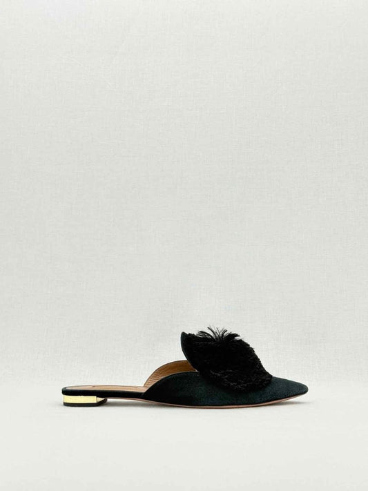 Pre - loved AQUAZZURA Powder Puff Black Size EU 37.5 Mules at Reems Closet