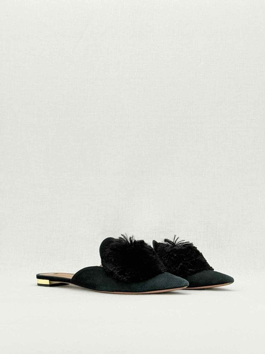 Pre - loved AQUAZZURA Powder Puff Black Size EU 37.5 Mules at Reems Closet