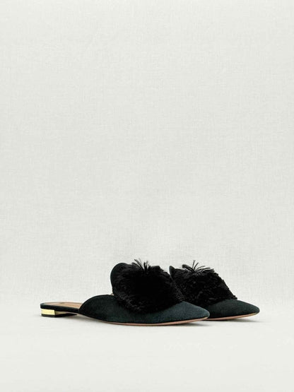 Pre - loved AQUAZZURA Powder Puff Black Size EU 37.5 Mules at Reems Closet