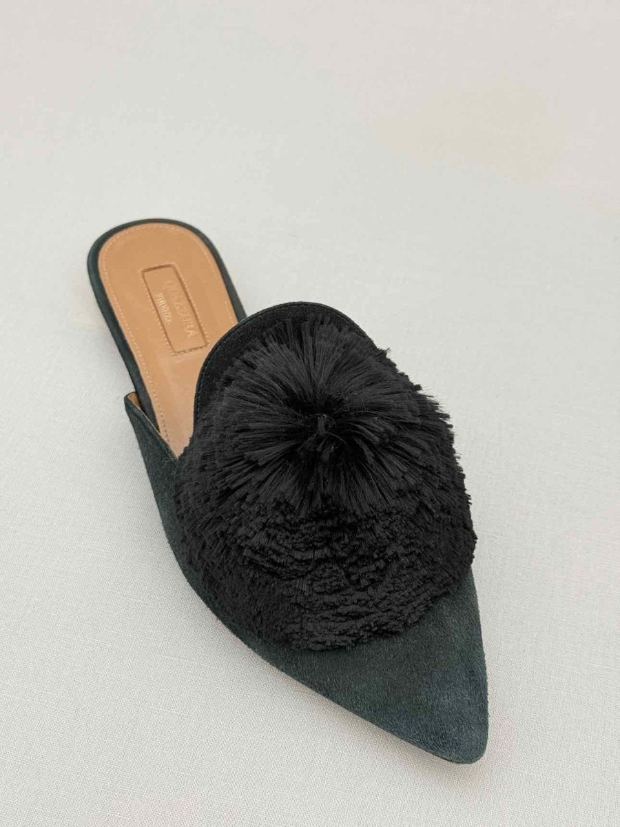 Pre - loved AQUAZZURA Powder Puff Black Size EU 37.5 Mules at Reems Closet