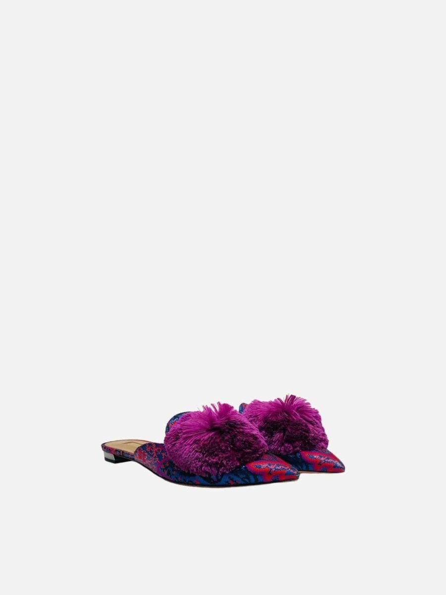 Pre - loved AQUAZZURA Puff Pom Pom Pink & Blue Mules at Reems Closet