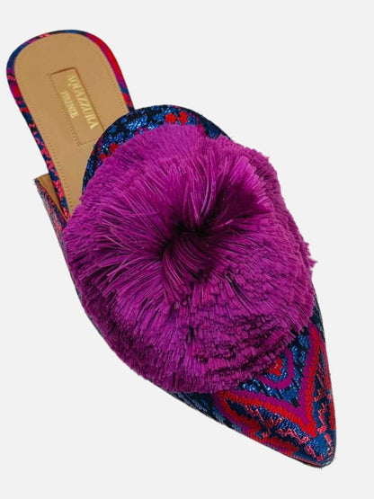 Pre - loved AQUAZZURA Puff Pom Pom Pink & Blue Mules at Reems Closet