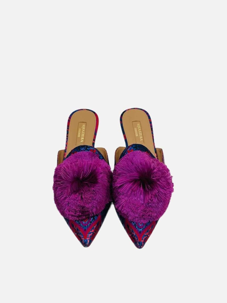 Pre - loved AQUAZZURA Puff Pom Pom Pink & Blue Mules at Reems Closet