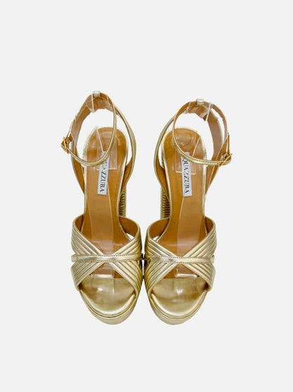 Pre - loved AQUAZZURA Sundance Metallic Gold Heeled Sandals at Reems Closet