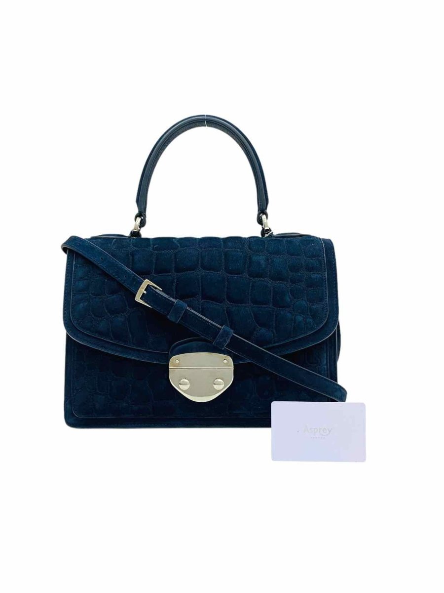Pre - loved ASPREY Suede Navy Blue Quilted Top Handle at Reems Closet