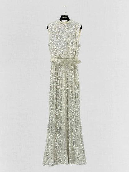 Pre-loved BADGLEY MISCHKA Beige & Silver Size US 8 Long Dress at Reems Closet