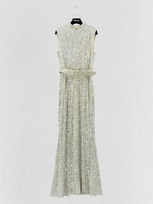 Pre-loved BADGLEY MISCHKA Beige & Silver Size US 8 Long Dress at Reems Closet