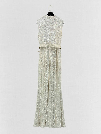 Pre-loved BADGLEY MISCHKA Beige & Silver Size US 8 Long Dress at Reems Closet