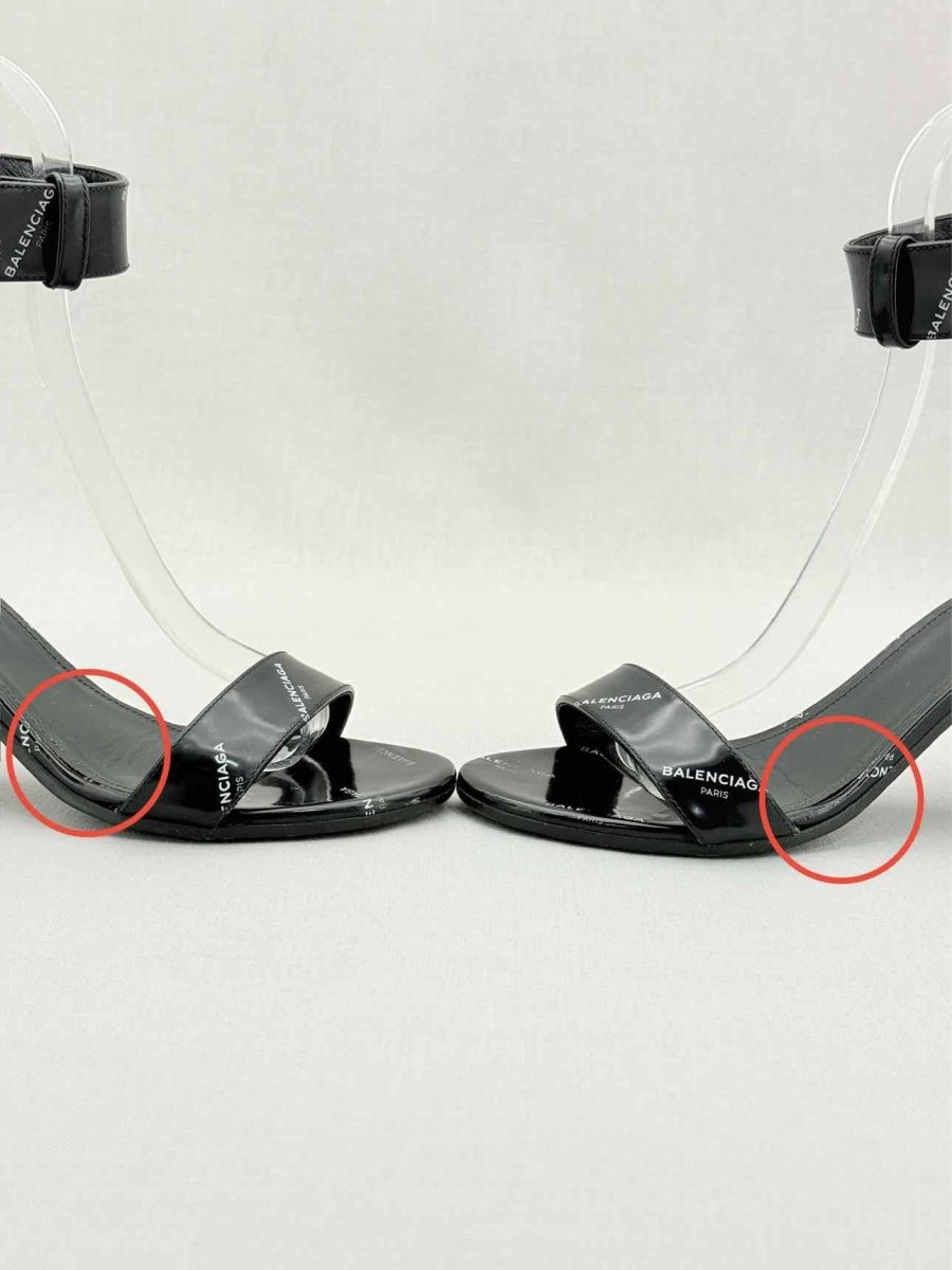 Pre - loved BALENCIAGA Black Logo Print Size EU 38 Heeled Sandals at Reems Closet