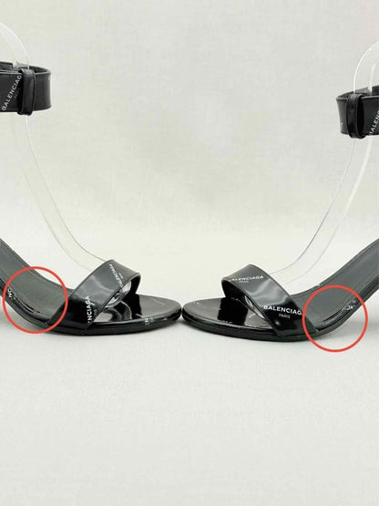 Pre - loved BALENCIAGA Black Logo Print Size EU 38 Heeled Sandals at Reems Closet