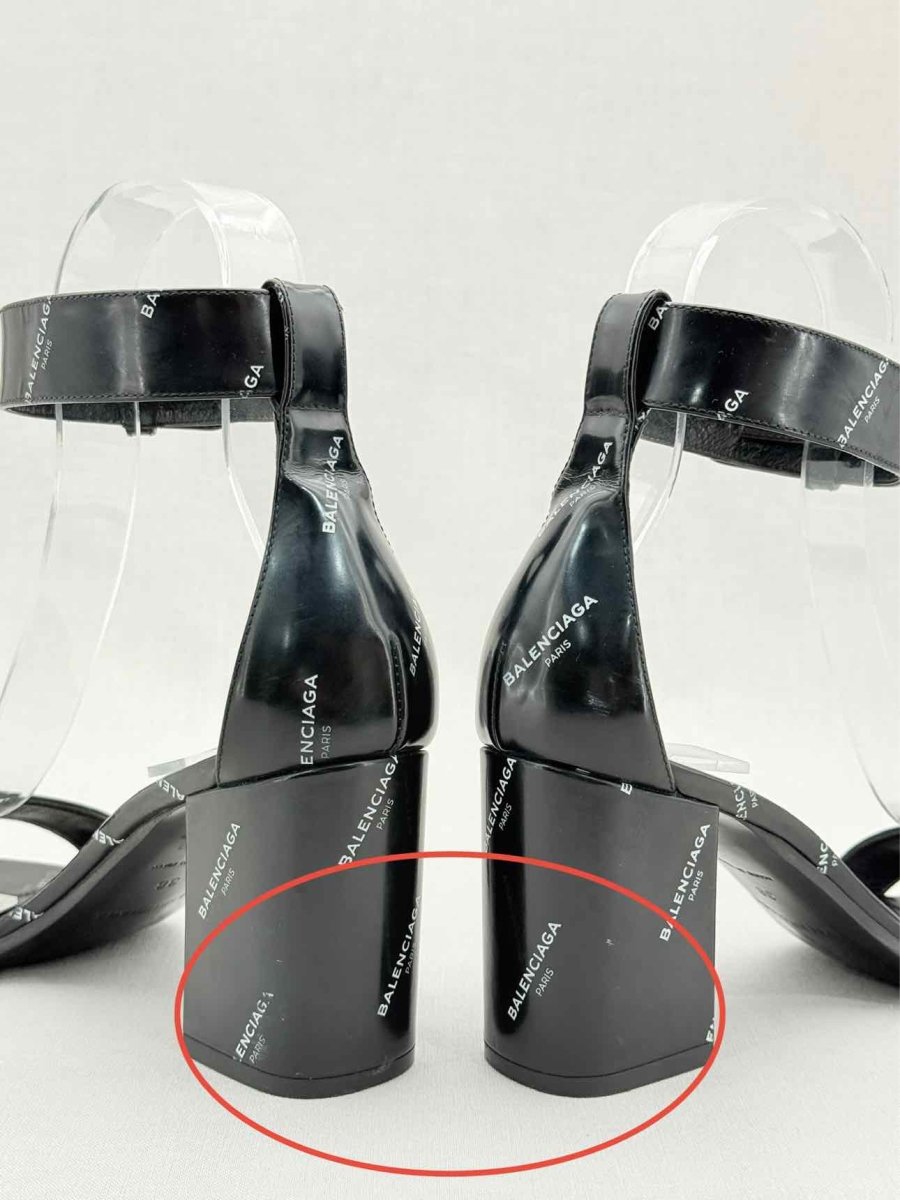 Pre - loved BALENCIAGA Black Logo Print Size EU 38 Heeled Sandals at Reems Closet