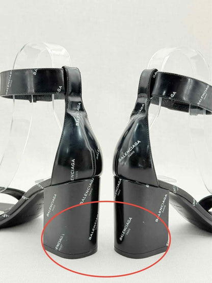 Pre - loved BALENCIAGA Black Logo Print Size EU 38 Heeled Sandals at Reems Closet