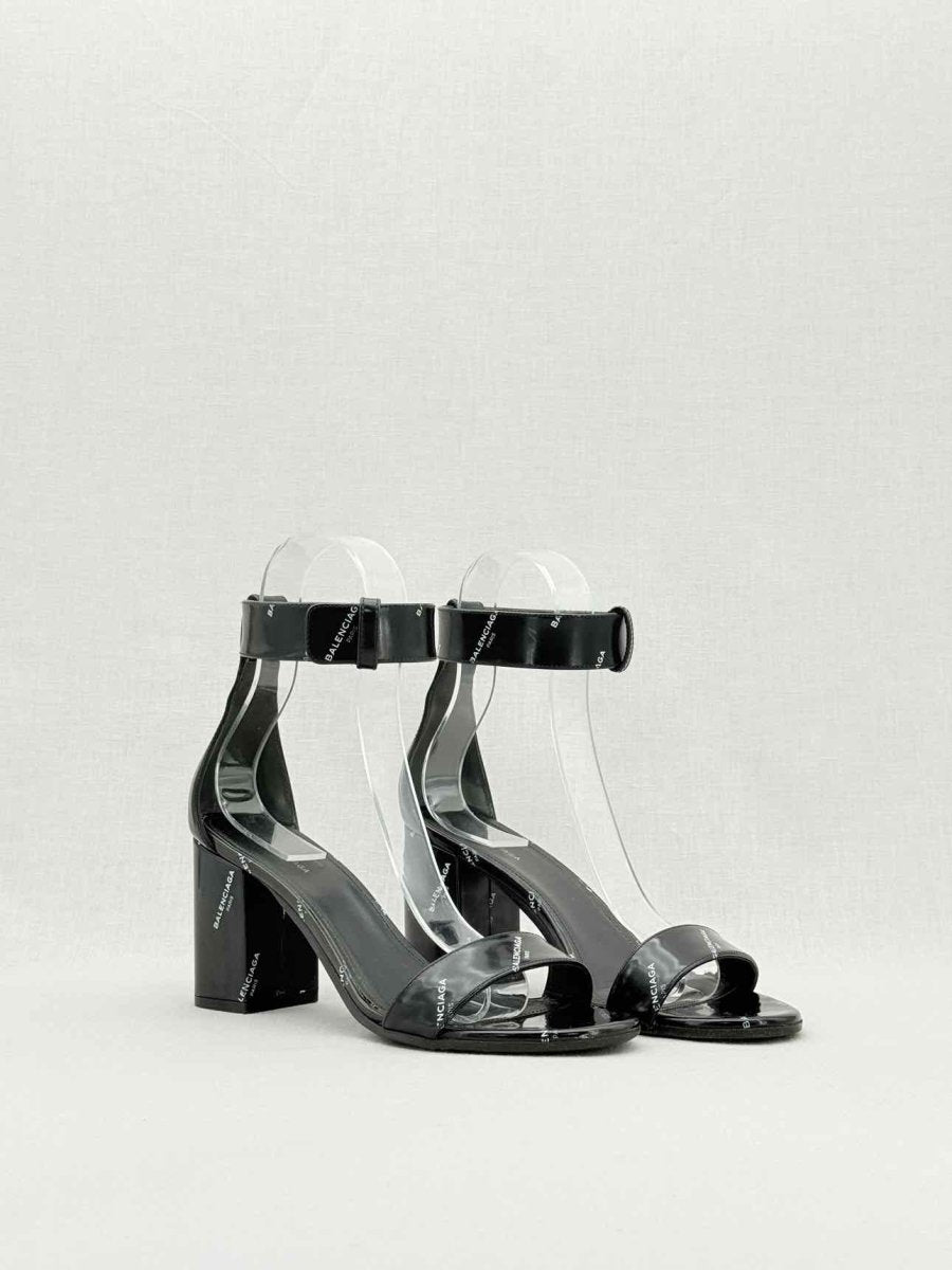 Pre - loved BALENCIAGA Black Logo Print Size EU 38 Heeled Sandals at Reems Closet
