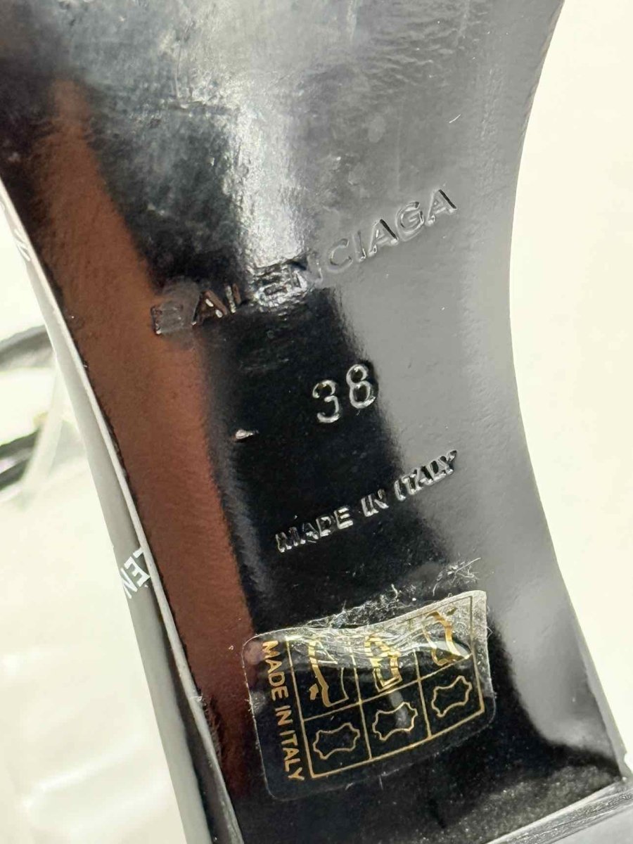 Pre - loved BALENCIAGA Black Logo Print Size EU 38 Heeled Sandals at Reems Closet