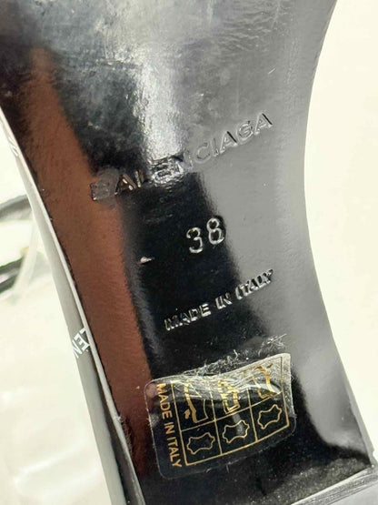 Pre - loved BALENCIAGA Black Logo Print Size EU 38 Heeled Sandals at Reems Closet